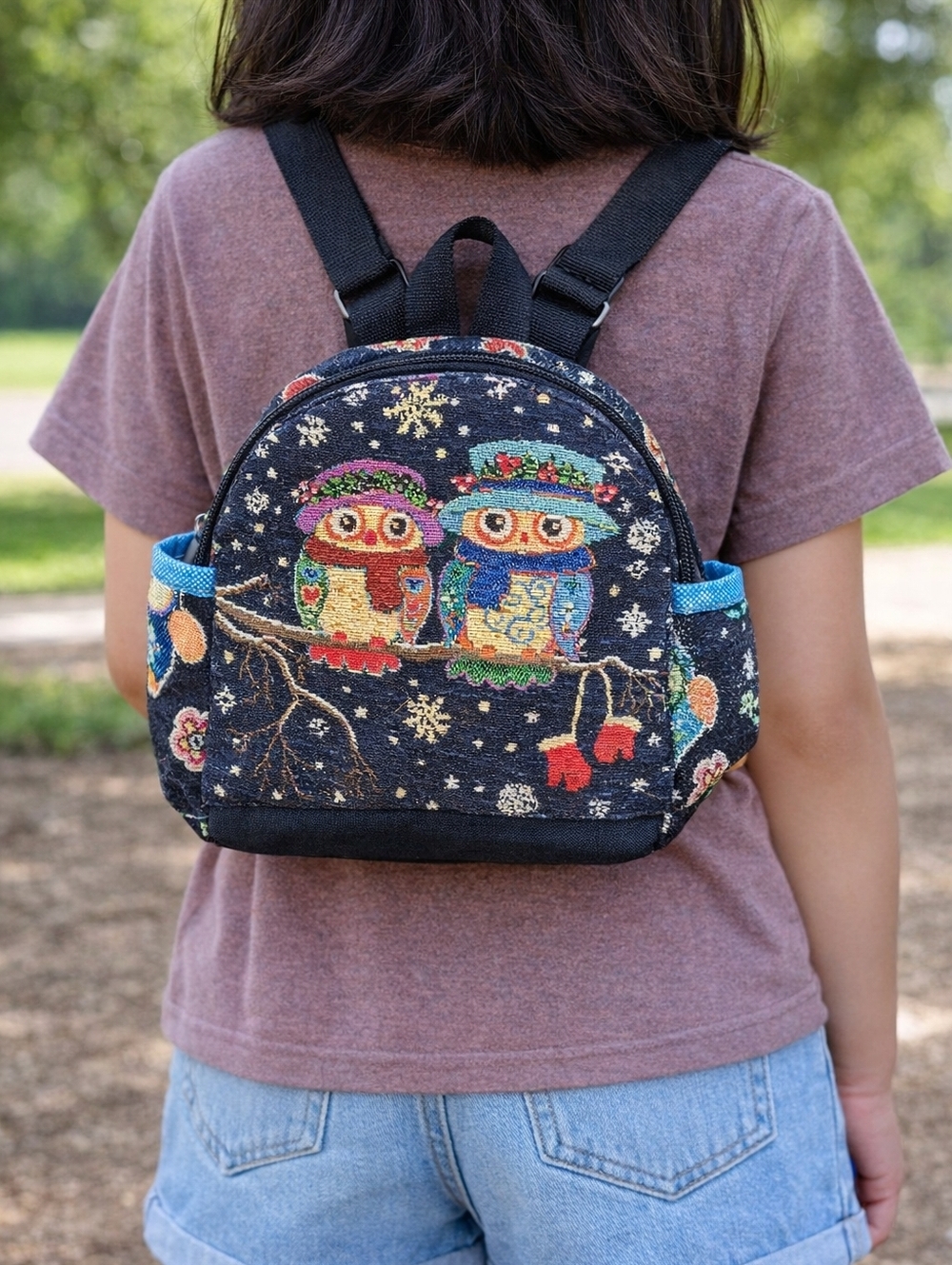 Owl Tapestry Mini Backpack Boho Winter Bag 9”